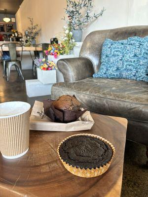 Quinoa chocolate cake, blueberry muffin and cappuccino