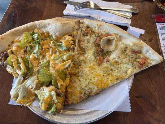 Left is Big Mac slice; which is like eating two big Macs! right is Green Chile slice, delicious