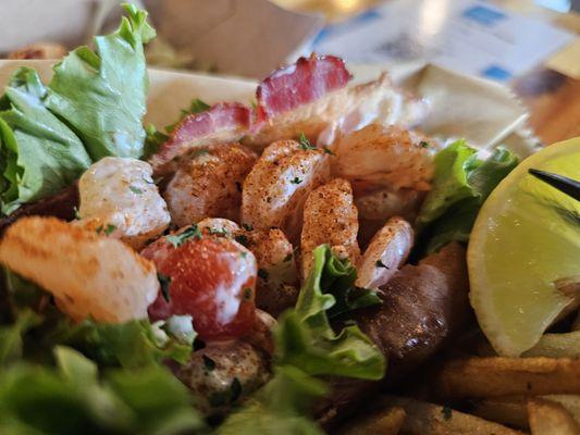 Shrimp BLT w/ fries closeup shrimp