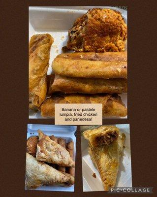 Banana and pastele lumpia, fried chicken, and panedesa!