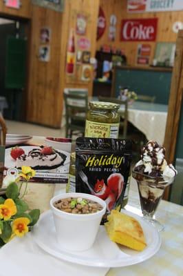 Try some of our delicious peas and cornbread...or a chocolate ice cream sundae!