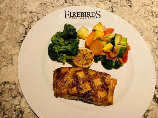 Wood fired salmon with broccoli and fresh vegetables