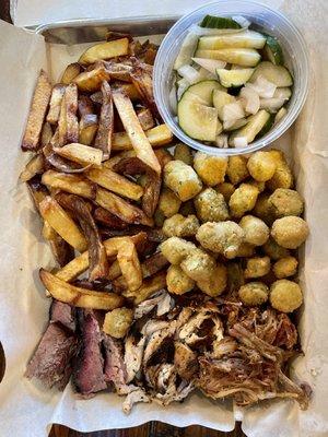 3 Meat Platter with okra, hand cut fries, and cucumber and onion salad.