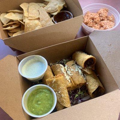 Tacos Dorados, House made Chips & Rice (short-grain)