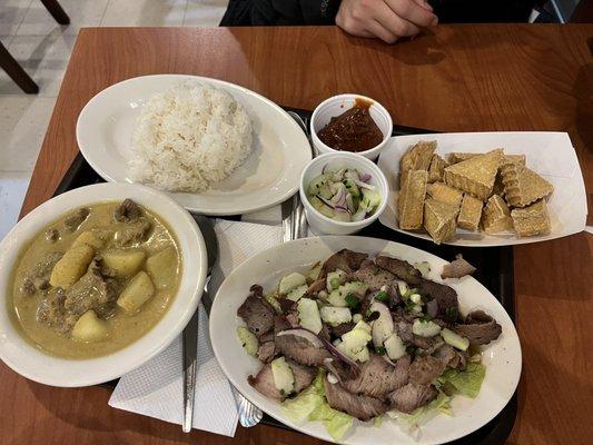 Yellow Curry, Pork Num Tok Salad,Tofu Satay