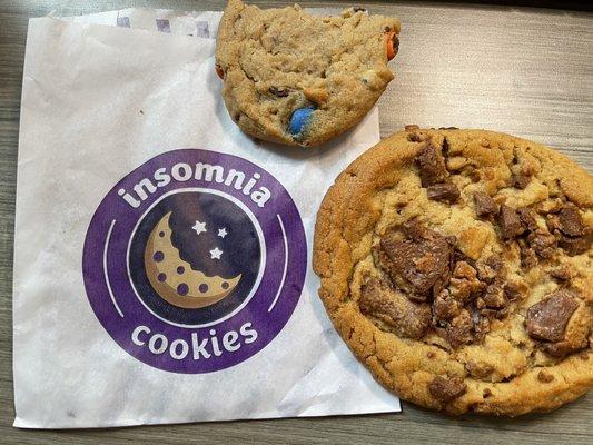 Classic with M&M's on the top and Chocolate Peanut Butter Cup Jumbo Deluxe Cookie on the right.