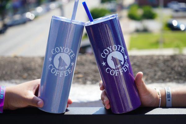 Our NEW glitter tumblers are perfect for hot or cold drinks! Receive .25 off each time you use your Coyote Tumbler in store!