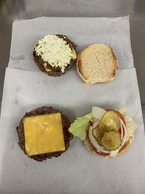 Sloppy (mustard, chili, slaw, and onions) or Neat (Mayo, Lettuce, Tomato, Pickle, and onions).
What's your Burger??