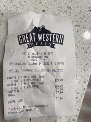 My receipt. Which I guess doesn't prove anything that i bought meat here on 10/24. Sad.