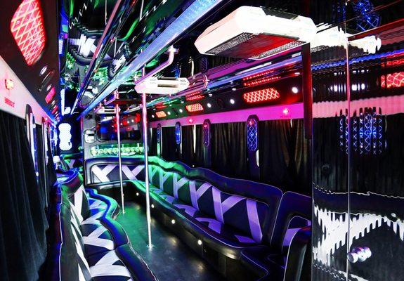 The interior of our 50 passenger V.I.P Party Bus