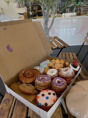 ube/strawberry/fruit/coffee cronuts, m&m donut, maple bar, old fashioned maple, mermaid donut, bear donut, donut holes