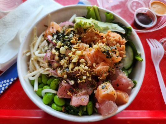 Salmon, ahi tuna and spicy tuna bowl. $16.53 including tax.