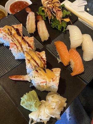 Estero Roll (cooked) + Sweet Shrimp Sushi + Squid Sushi + Salmon Sushi