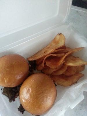 Beef sliders and bbq chips!  Yum