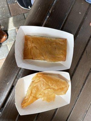 Spanakopita (spinach and feta pie - top) and tyropita (cheese pie - bottom). Both amazing