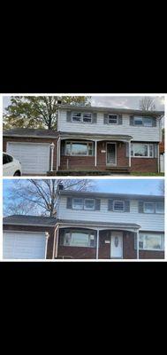 Before and after photo of roofing cleaning and satellite dish removed.