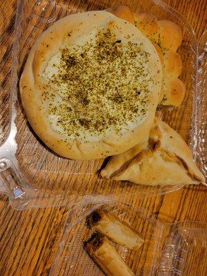 Zaatar, cheese pocket,  spicy comb, and baklava fingers