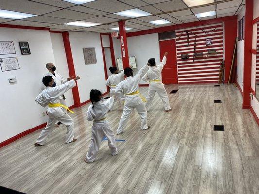 Sensei Lavon Murray teaching Taikyuku Shodan Kata to Yellow Belt class.