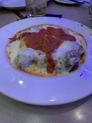 Meatball romano- light, red pomodoro sauce topped with melted mozzarella