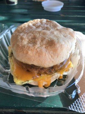 Sausage, egg and cheddar biscuit sandwich