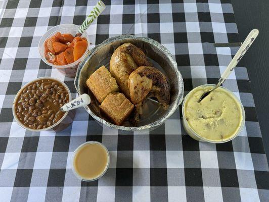 1/2 Rotisserie Original Chicken with Mashed Potatoes, Maple Glazed Carrots, Baked Beans and Corn Bread