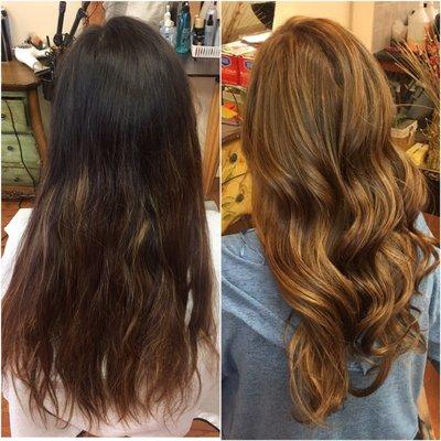 Before and after. Full Highlights, color, cut, treatment, and style