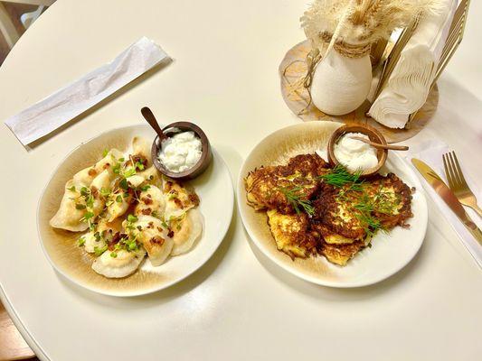 gluten-free potato pancakes and gluten-free pierogies with potato and onion