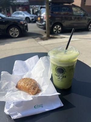 Crispy moon and iced matcha latte