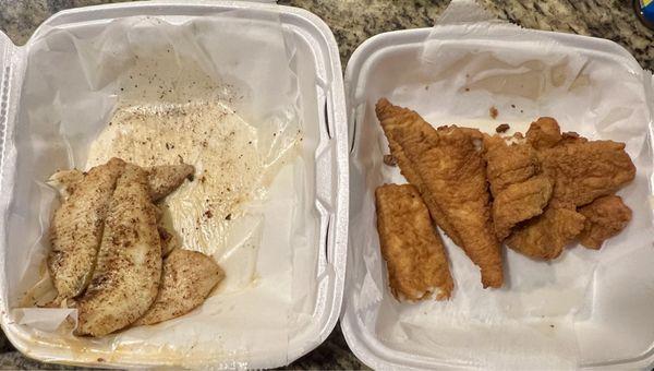 1/2 blackened flounder, 1/2 fried catfish. Looked very small but used for tacos at home for 3ppl & worked out great.