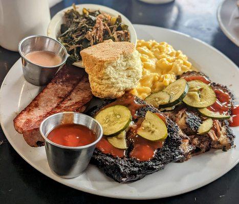 BBQ brisket, short ribs, kielbasa, Mac n cheese, greens and biscuit