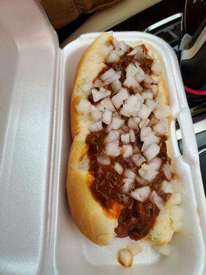 Chili dog with onion. YUM