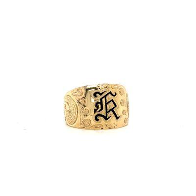 14k Yellow Gold Cigar Band Style Initial "K" Ring Hand Engraved, Hand-cut letter with black glass enamel