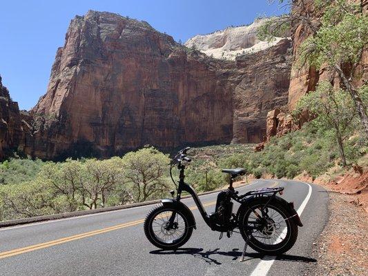 E-bike riding through Zion Canyon inside Zion National Park.