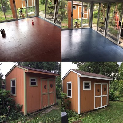 Before and after painting of a floor and a shed