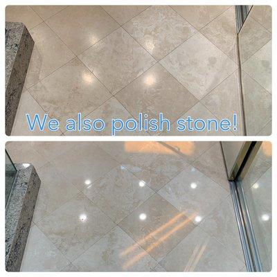 Before and after of a travertine floor restoration.