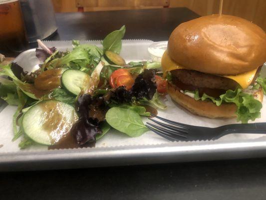 Thursday Happy Hour special, burger and beer for $12. This is the Beyond Burger w salad instead of fries :)