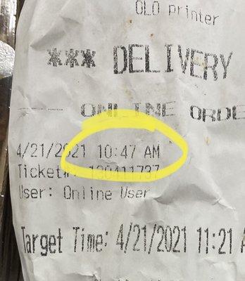 Sandwiches were made at 10:47 and delivered at 1:10.