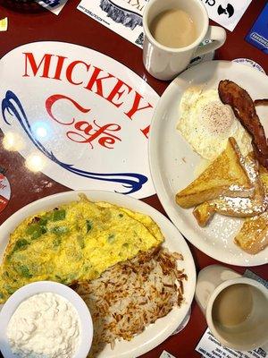 Veggie Omelet, Hashbrowns or Homefries, French toast, egg, bacon and coffee