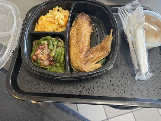 turkey wing, mac and cheese, rice and gravy , green beans