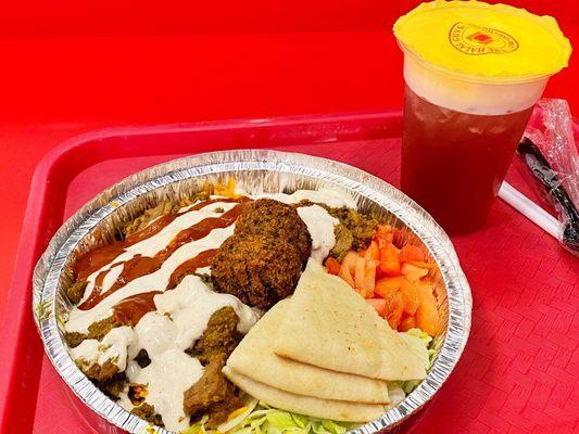 Braised lamb platter with falafel, and hibiscus lemonade