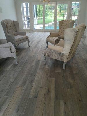 Porcelain plank tile installation.