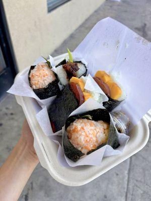 Salmon with Shisho Leaf, Buta Kakuni with Spicy Miso, and Spam and Egg