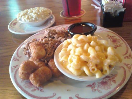 small pork plate, with pups, mac and cheese and creamed corn (up top)