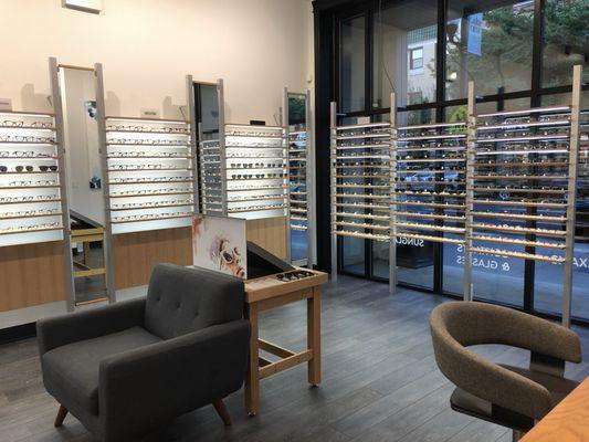 We offer a relaxed setting with lots of glasses to try on.