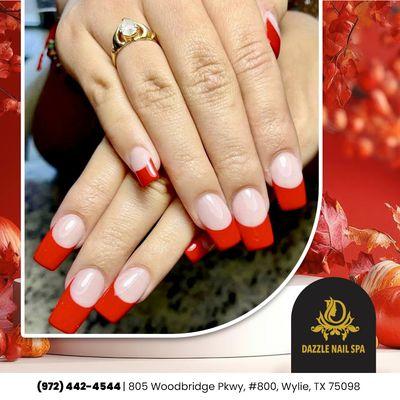 Fall in love with our red French nails!  A bold twist on a classic that perfectly captures the warmth of the season!