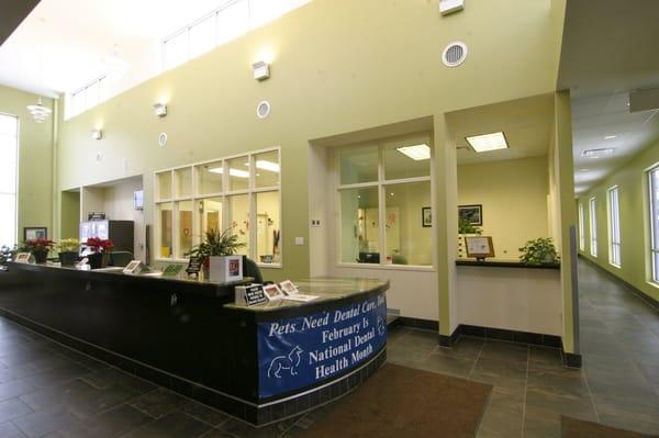 The Hospital Reception area has 2 flat screen TVs, a pet adoption area, children play area, and retail.