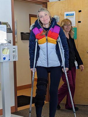 Photo of my wife leaving your on-site medical clinic , torn ACL and MCL and 2/3 of a lift ticket she couldn't use and you wouldn't refund.