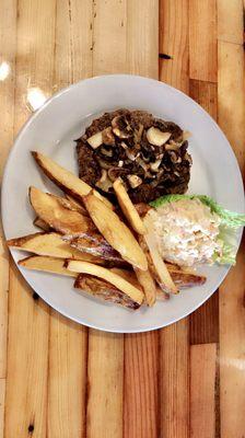 Hamburger steak with hand cut fries and coleslaw