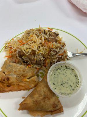 Chicken Biryani, keema Samosa and Aloo Samosa