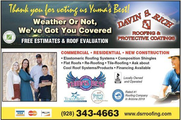 Thank you Yuma for Voting us Yuma's Best Roofing Company 2017, 2018, 2019 We appreciate it very much